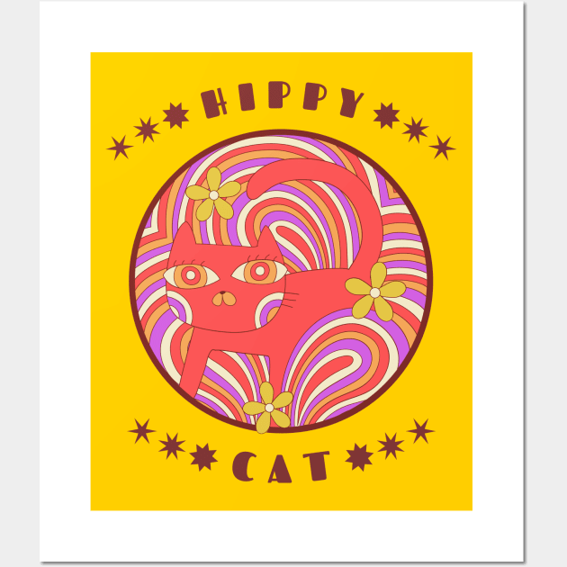 Psychedelic retro cat on yellow Wall Art by CraftyArts